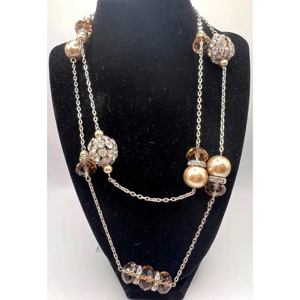 Glamorous‎ Long Champagne Crystal & Faux Pearl Station Necklace Silver Tone 40